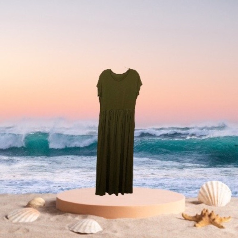 Maxi Dress Cap Sleeve Crew Neck with Elastic Waistline W Size 2XL Moss Green - Picture 5 of 11